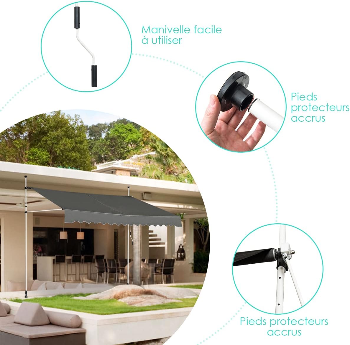 Store Banne Manuel Rétractable 3x1,75M en Aluminium-sans Perçage-Hauteur Réglable 2-3M-Auvent Banne de Balcon sur Pied,Gris - 9