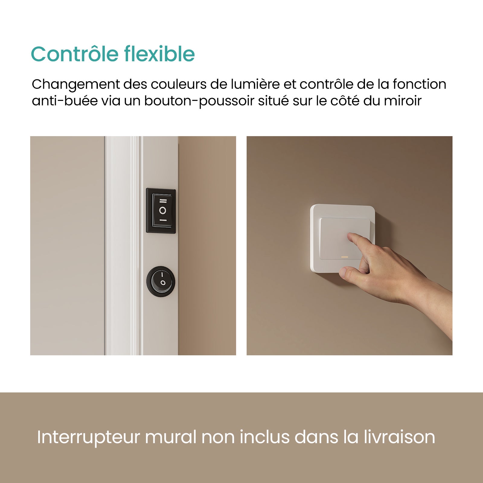 EMKE Miroir lumineux salle de bain 120x60cm, Miroir LED avec Interrupteur à bouton, Anti-buée, Miroir avec éclairage lumière Blanche Froide/Chaude - 2