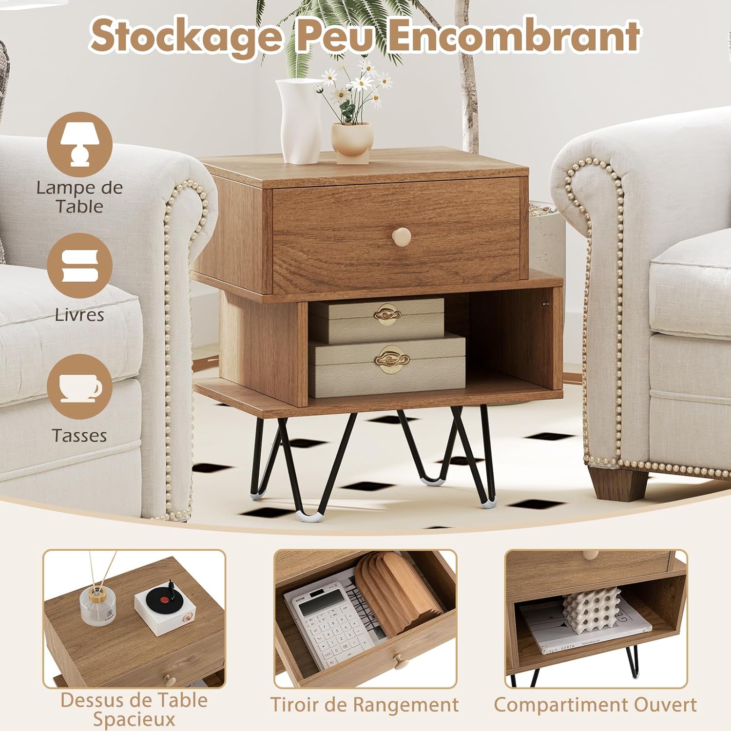Table de Chevet Lot de 2 avec Tiroir, 4 Pieds en Métal Surélevés, Chevet de Lit Bois avec Compartiment, Design Irrégulier, Table de Nuit, Naturel - 6