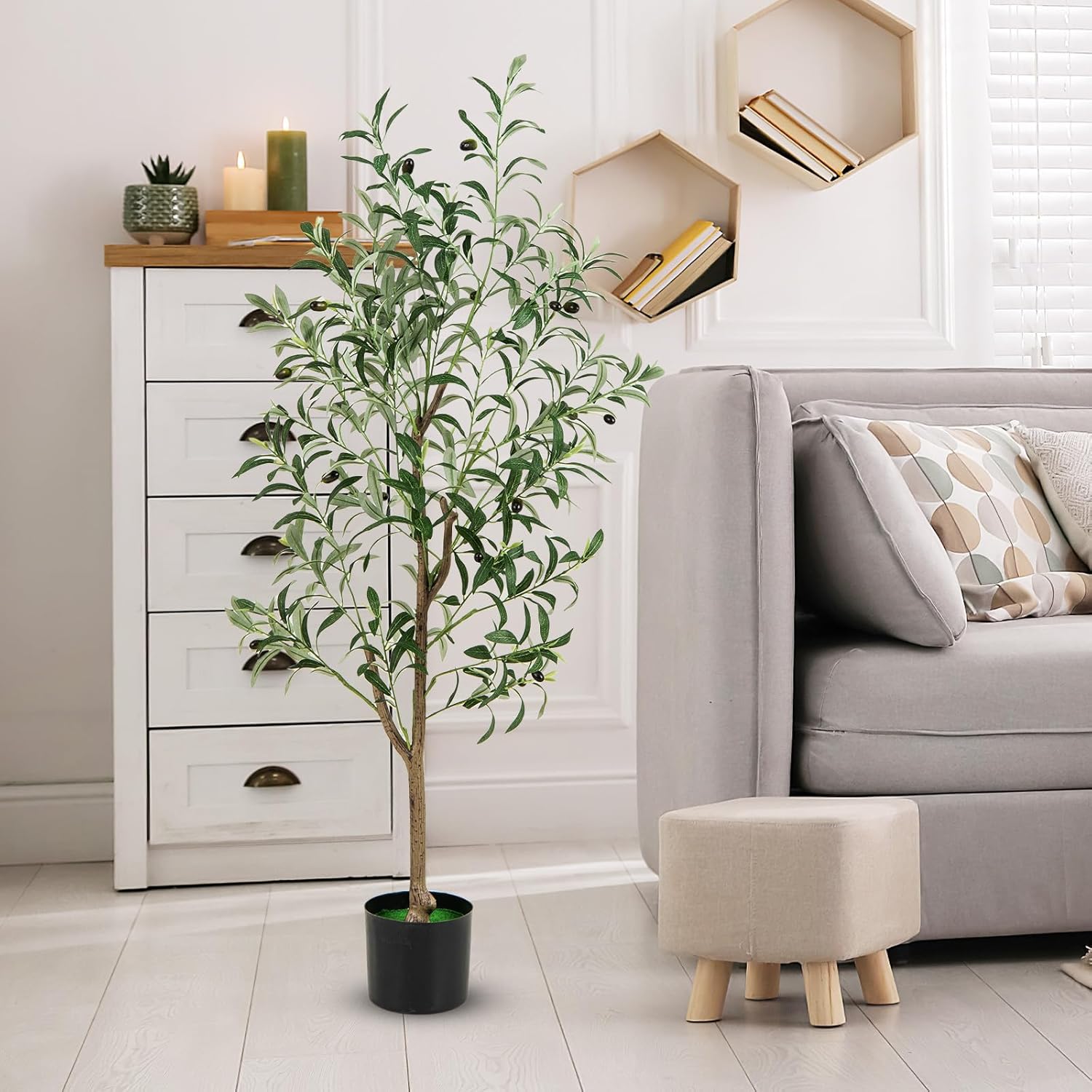 Lot de 1/2 arbres d'olivier artificiels, fausse plante de 130 cm avec feuilles et fruits réalistes, tronc résistant en polyéthylène et base stable - 8