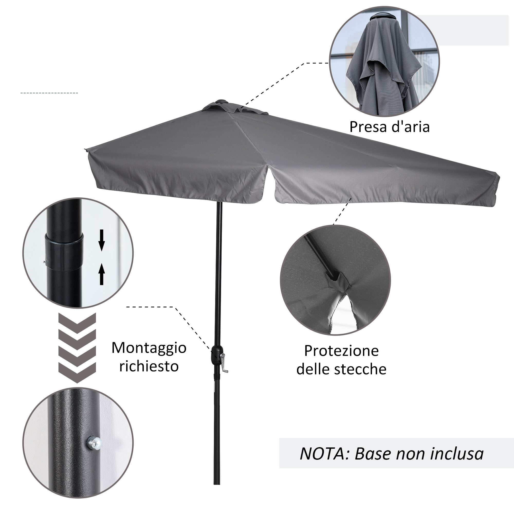 Parasol demi-cercle mural 2,5x2,3 m manivelle, gris - 7