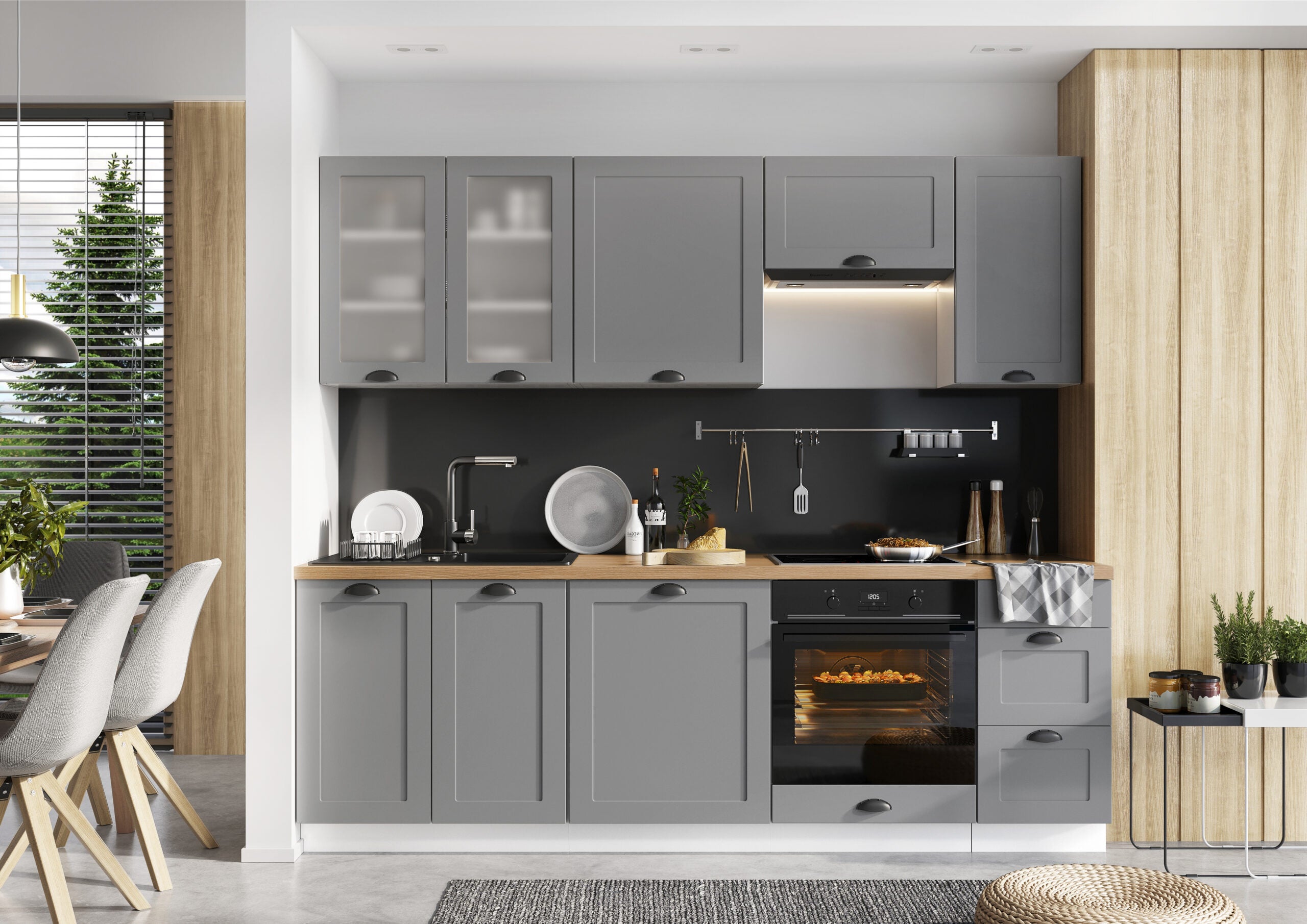 Cuisine Équipée Belini Tracy 240 Cm - Chêne Glamour Avec Plan De Travail - Élément Bas Et Haut