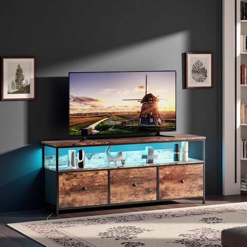 Meuble TV 108x30x57cm, avec bande lumineuse LED et 3 tiroirs en tissu rétro, pieds réglables en hauteur, structure en fer, meuble tele - 3