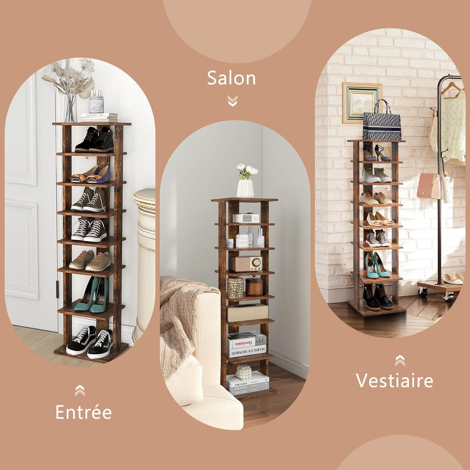 Étagère à Chaussures à 7 Niveaux, Range-Chaussures Vertical et Compact en Hauteur Différente, pour Couloir Salon Entrée 27,5 x 26,5 x 110 CM (Marron) - 7