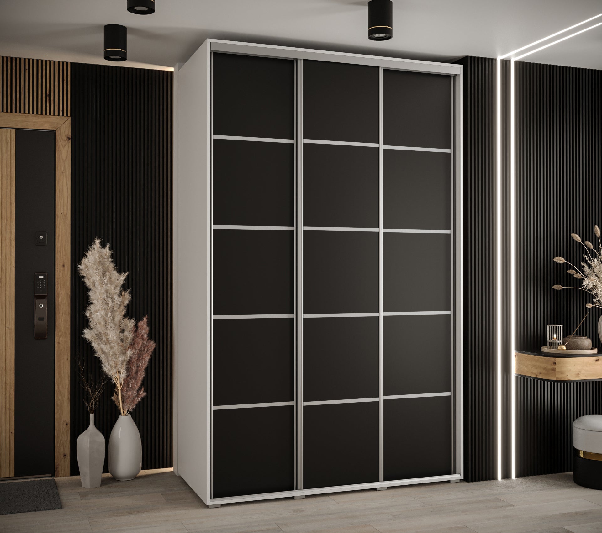 Szafa przesuwna wysoka Davos 4 150 x 45 x 235,2 cm biały + czarny + u. srebrny - Abiks Meble - 2