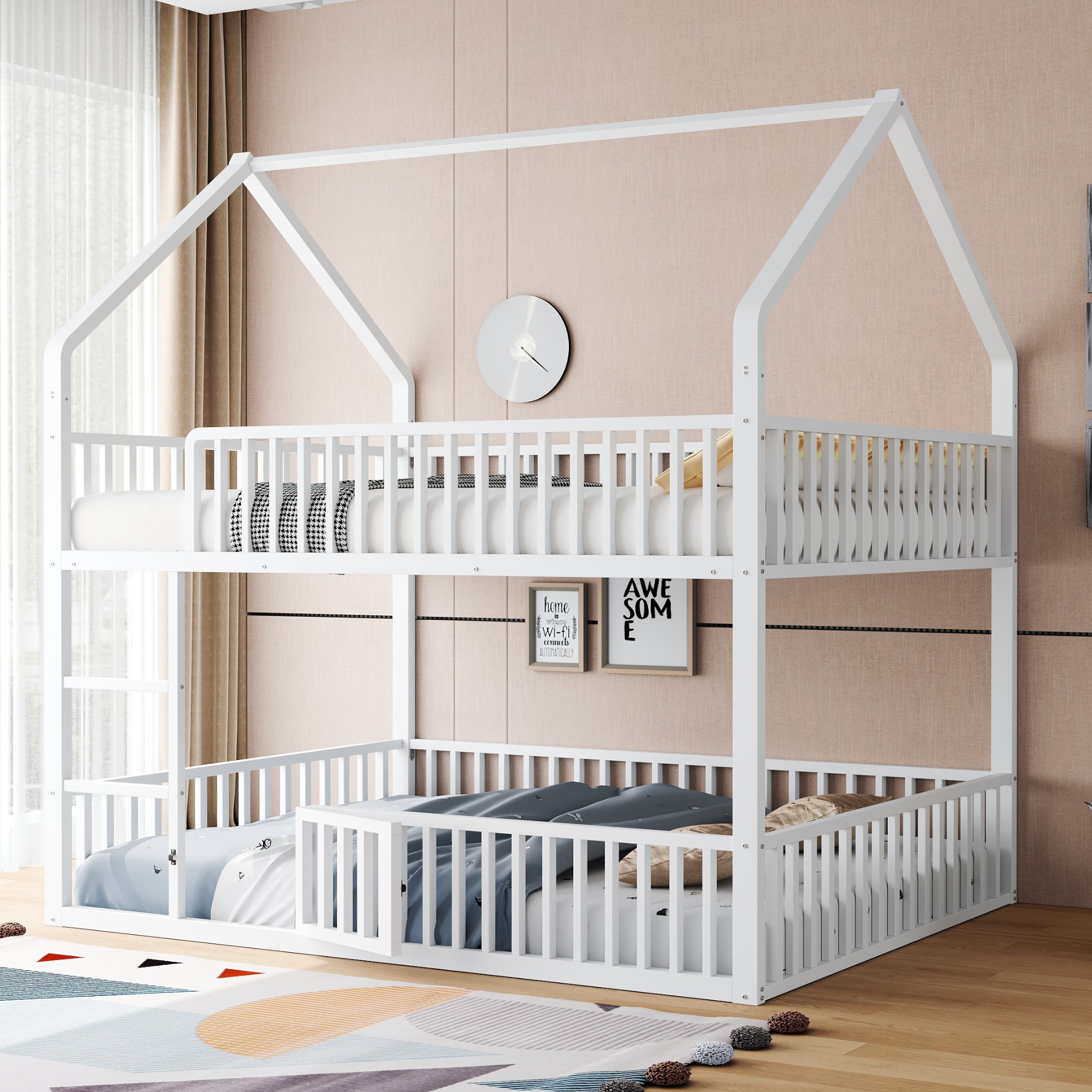 Łóżko piętrowe dla dzieci Bunk 140x200 - Poduszkowiec metalowe + Drabina + Drzwi - Solidna konstrukcja metalowa - Bariera bezpieczeństwa