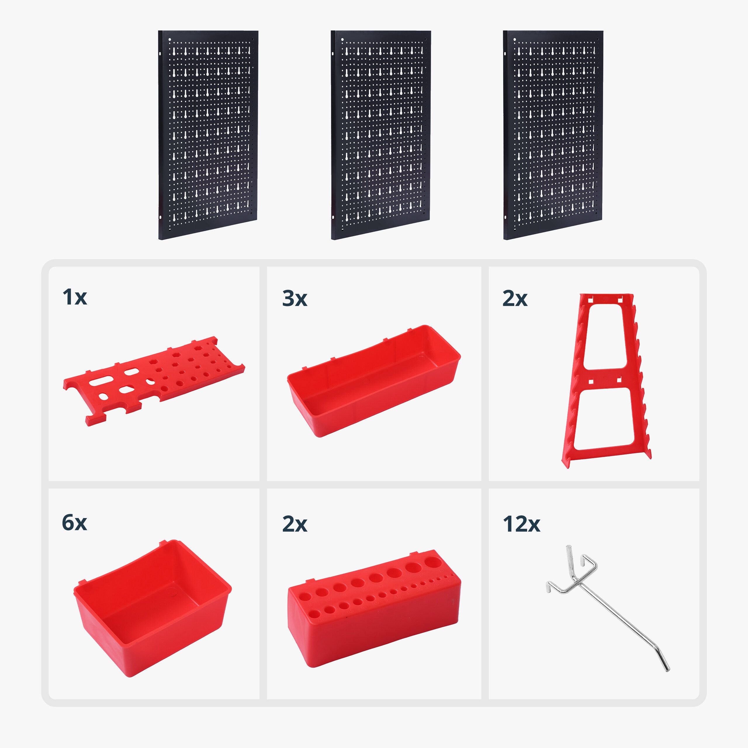Panneau mural pour outils, 3 panneaux perforés, lot de 26 accessoires, 60×40 cm, métal, atelier, noir/rouge, Relaxdays - 5