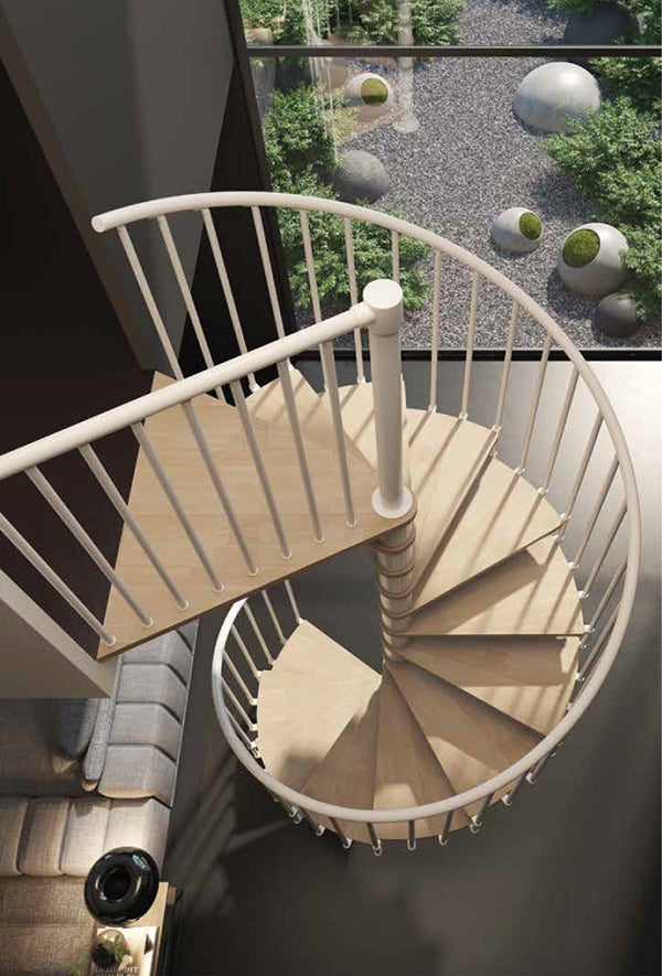 Escalier colimaçon 15 marches - Haut. à franchir 3.08 à 3.60m - Diam. 140cm - Struct. blanche et marche naturel - Trémie ronde - PHOLA140/SBMNAT-15 - 4