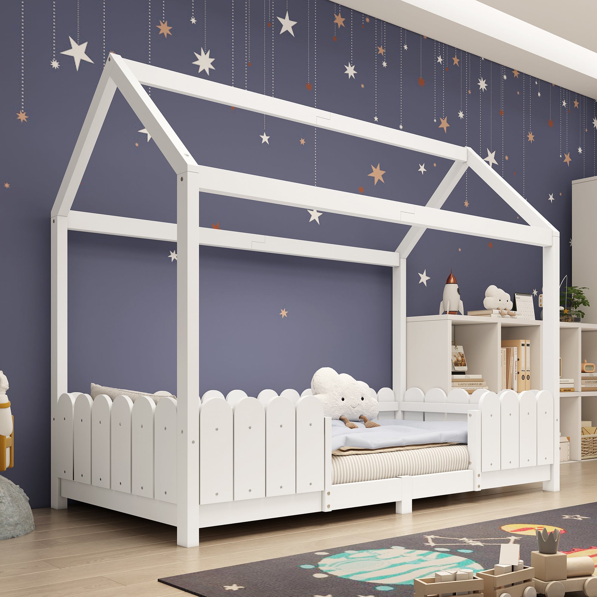 Łóżko dziecięce kabinowe - 90 x 200 cm - lite drewno - barierka i stelaż - białe