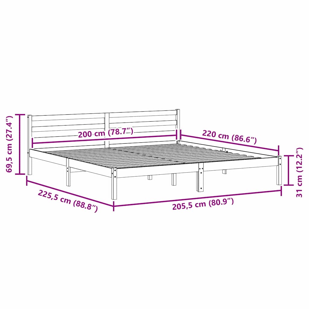 Cadre de lit blanc en bois de pin massif pour la chambre, 225,5 × 205,5 × 69,5 cm - 9