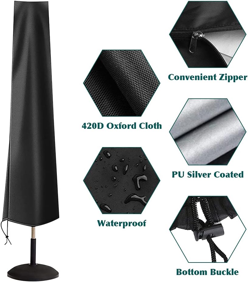 Housse de parasol, imperméable et résistante aux UV 420D, avec fermeture éclair et poche de rangement, adaptée aux parasols de 3 m. - 2