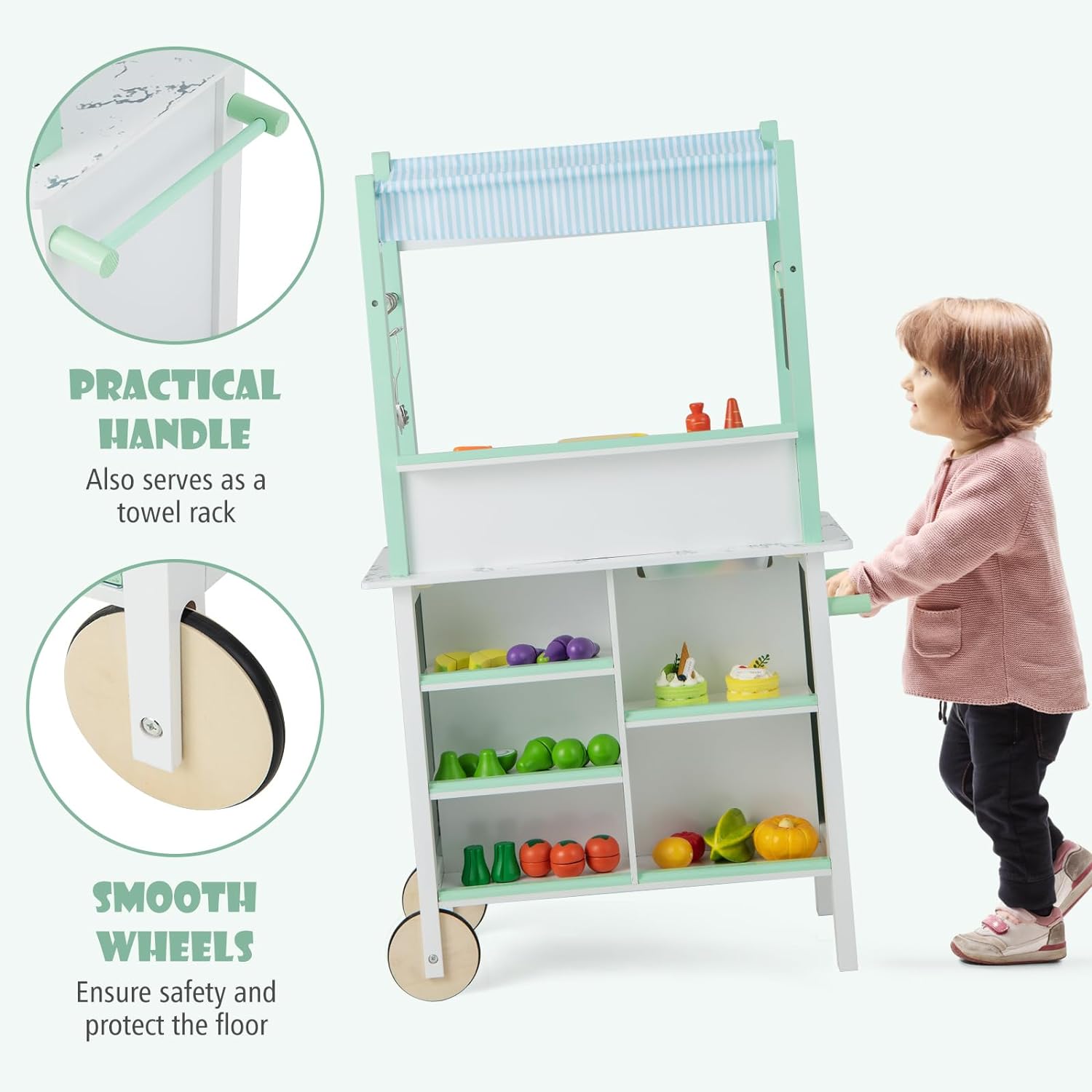 Cucina e Negozio per Bambini 2 in 1, Cucina Giocattolo a Doppia Faccia per Bambini in Legno, con Telecomando e LED, Ruote, 17 Accessori, per B - 2