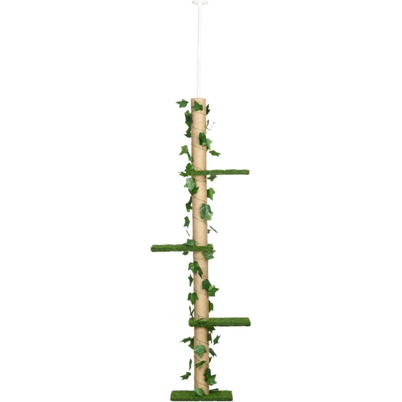 Ansambl pentru pisici cu stâlp de zgâriat, suport de tavan, înălțime reglabilă (37 x 21 x 202-242 cm), verde, 4 niveluri