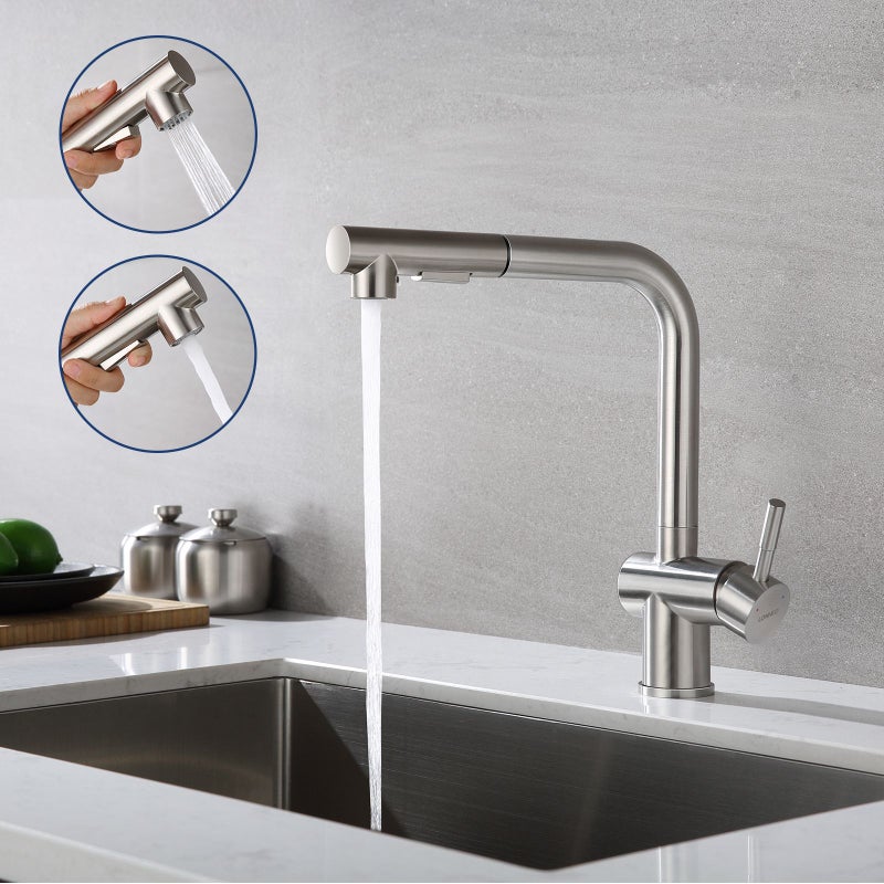 Bateria kuchenna z wyciąganą wylewką, bateria zlewozmywakowa z dwoma strumieniami, baterie kuchenne ze stali szczotkowanej, obrotowa 360°, wyjmowana d