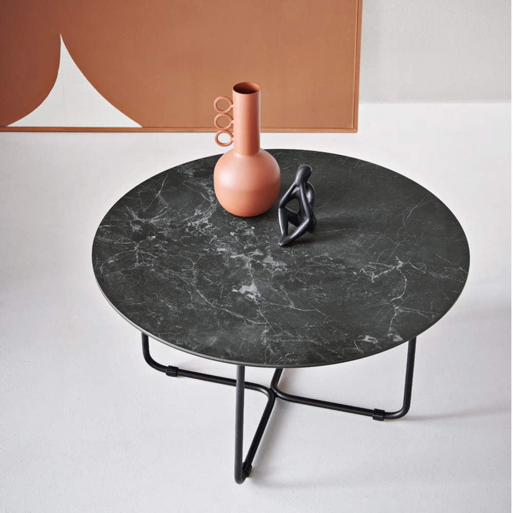 Mesa De Centro Redonda Mármol Negro Metal Dorado