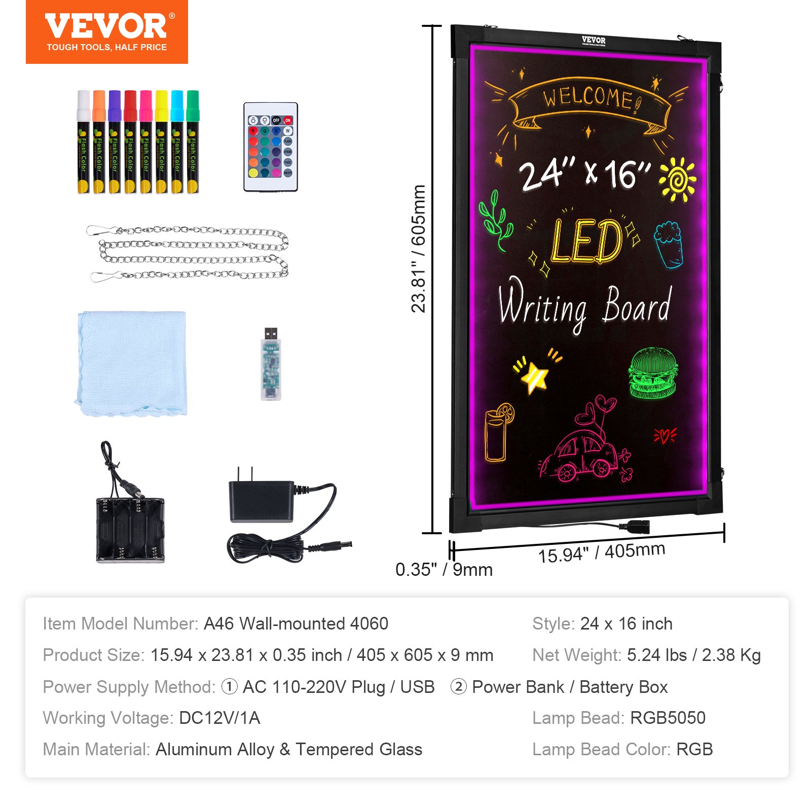 Tableau d'écriture de messages LED,VEVOR 405 x 605 mm,tableau menu noir effet néon effaçable éclairé 8 marqueurs craie fluorescentes et télécommande - 7