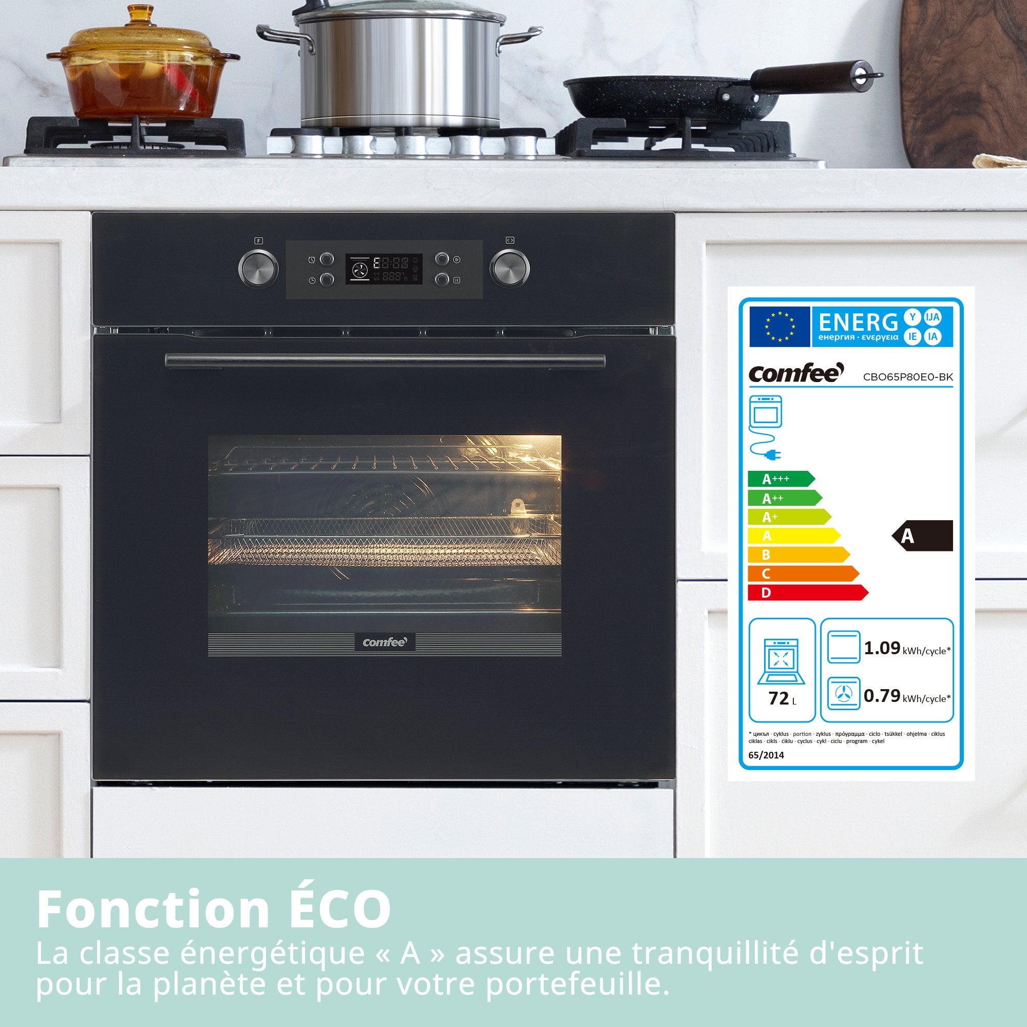 Four encastrable Pyrolyse Friteuse à air chaud - 72L - 59,5 x 57,5 x 59,5 cm - COMFEE CBO65P80E0-BK - Noir - Classe A - 9