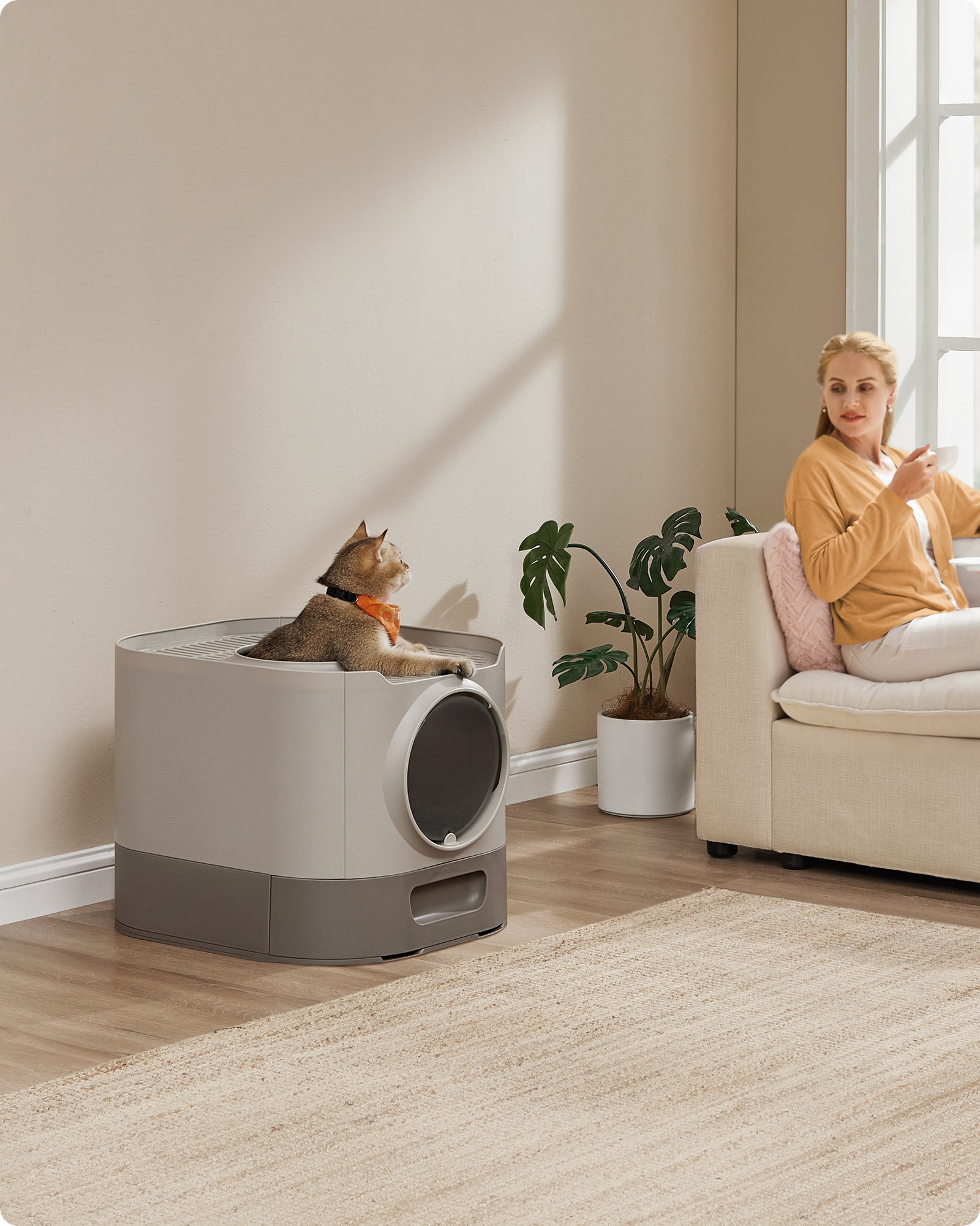 Bac à Litière, pour Chat XXL, avec Couvercle, Oatmeal et Gris Chaud - 2