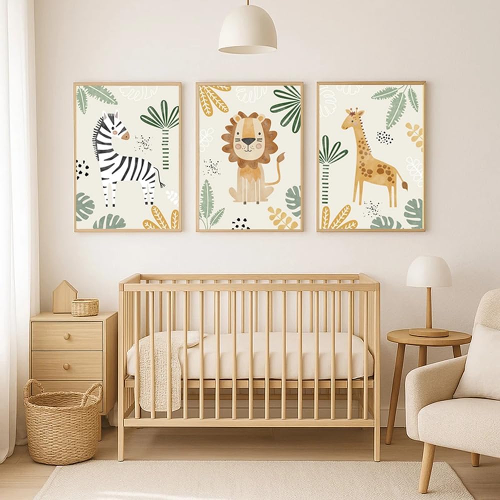 3 Affiches Animaux Jungle Lion Girafe Zebre Tableau Savane Bebe Deco Chambre Bebe Vert Beige Poster 30x40 sans Cadre - 2