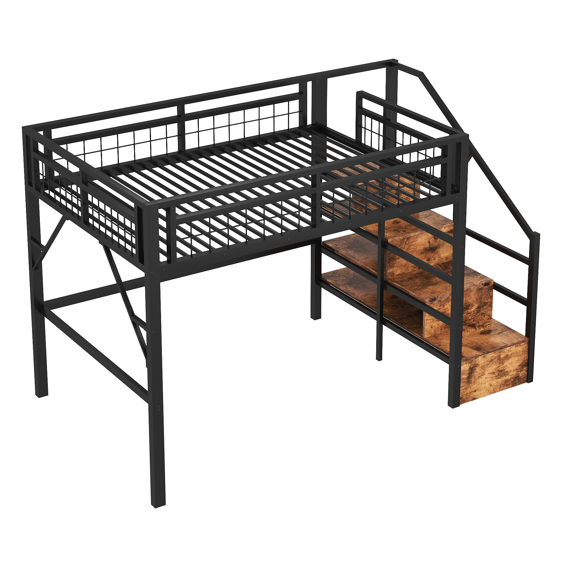 Lit Mezzanine 140x200cm avec LED, Escalier de Rangement, Lit superposé enfant avec Espace Libre Aménageable en Dessous, Cader Métal Noir, sans Matelas - 6