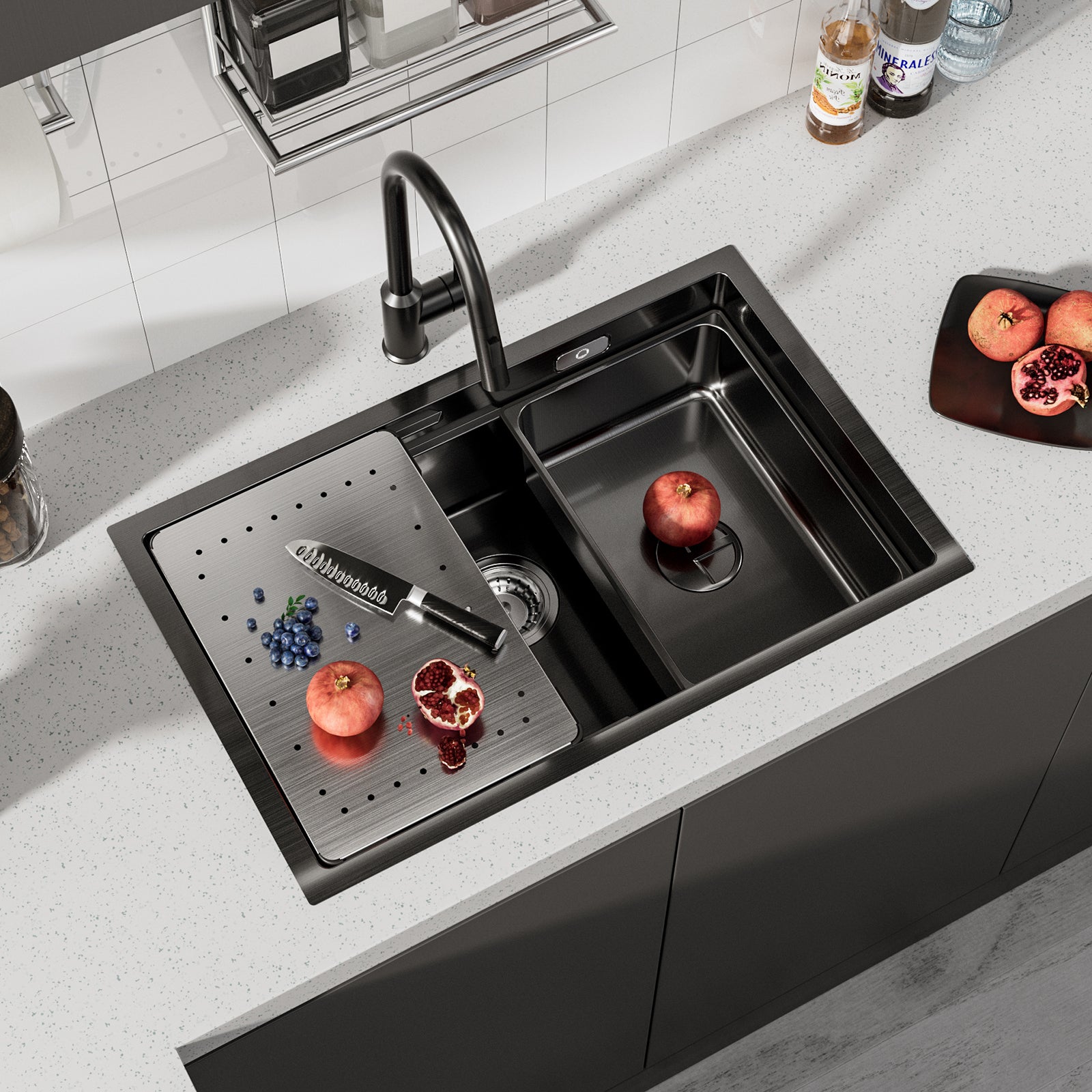 Évier Cuisine 1 Bac 70×44×21CM INOX Trop Plein Évier à Encastrer, avec Egouttoir et Vasque, Noir, EU Modèle - 3