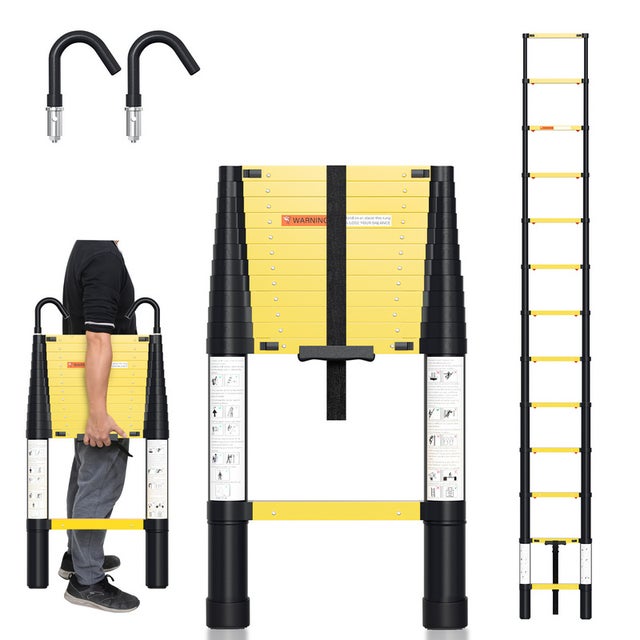 Scala Telescopica Fino A 150 Kg Stabile Scaletta In Alluminio 3,8 M Giallo+Nero Con Pulsante Di Rimozione ON