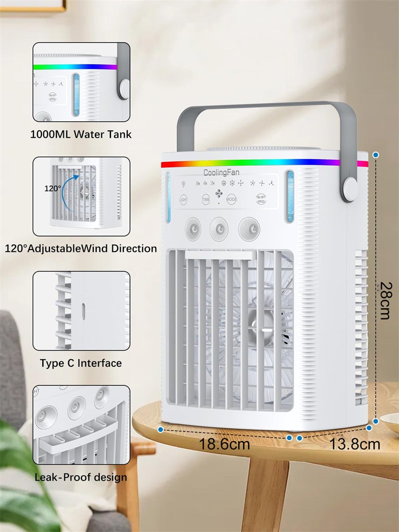 Climatiseur portable, mini climatiseur mobile évaporatif à double buse 1000 ml, avec télécommande, 3 vitesses, 7 couleurs d'éclairage, pour chambre - 4