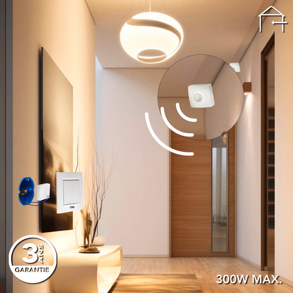 Détecteur de mouvement infrarouge sans fil va et vient, blanc, portée 8m. garantie 3 ans - Tibelec - 3