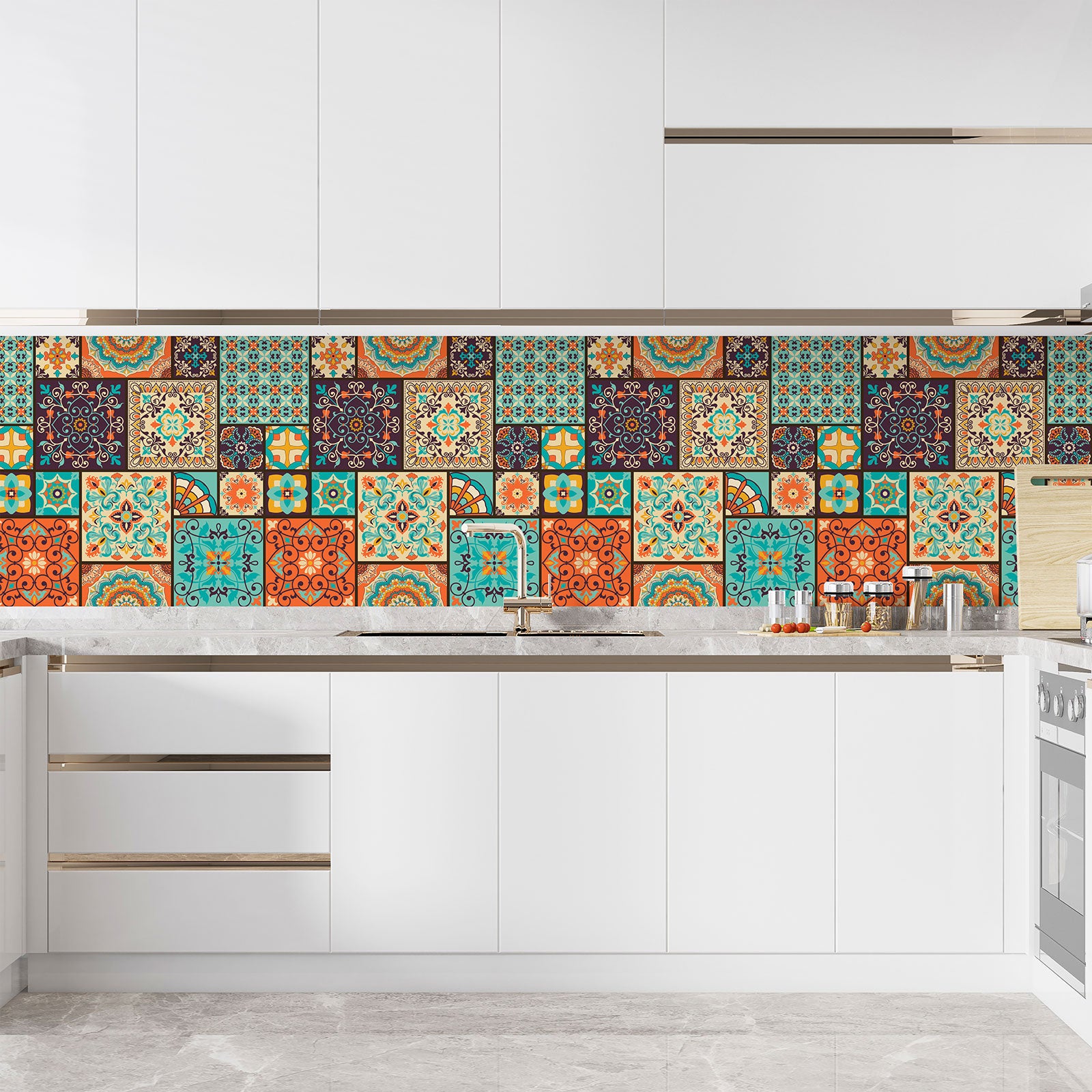 Crédence adhésive sticker décoratif pour cuisine - Effet carreaux de ciment - Adhésif BRILLANT - 60x60 cm - 3