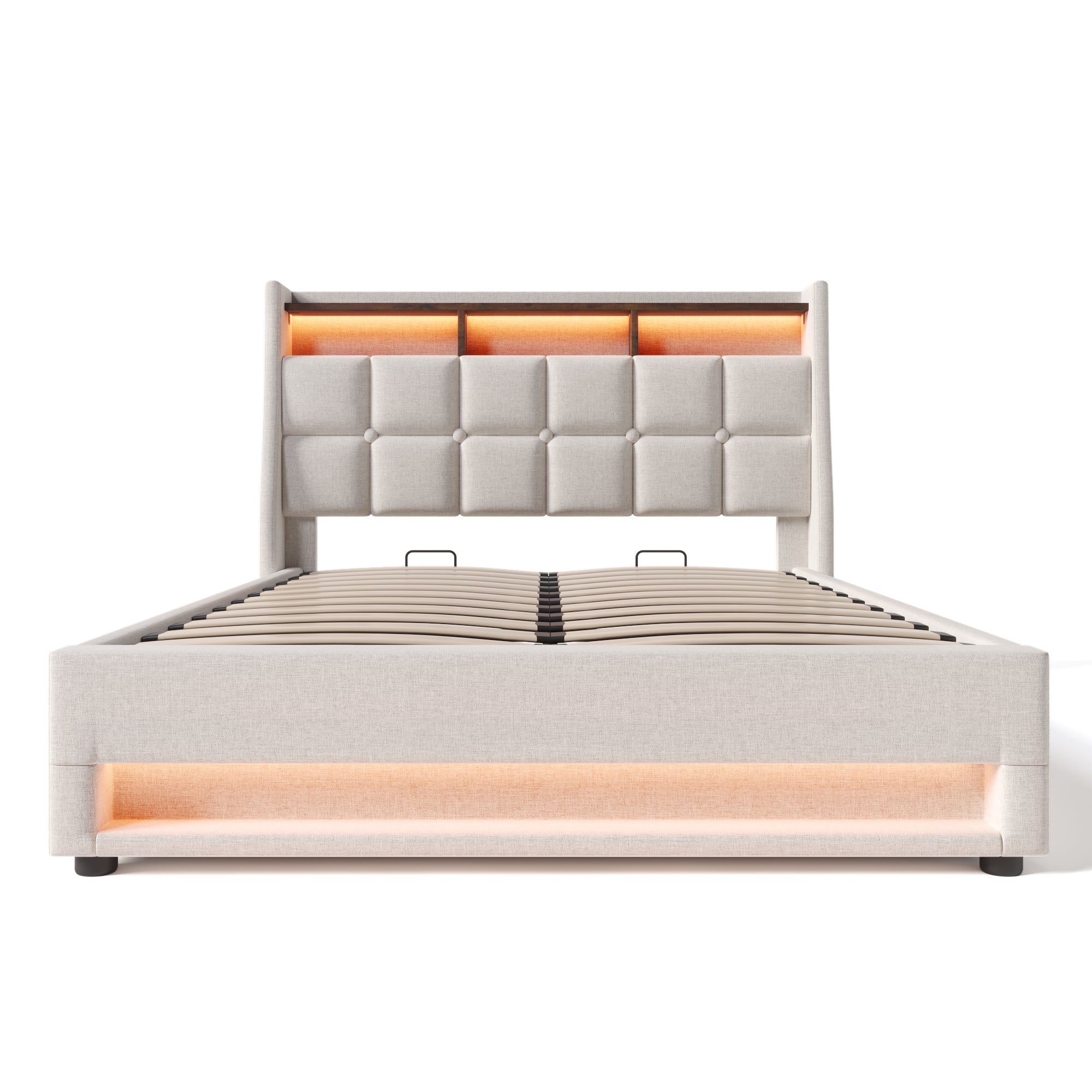 Cama con almacenaje de lino 160x200 cm con LED y puertos USB - somier - beige - 6