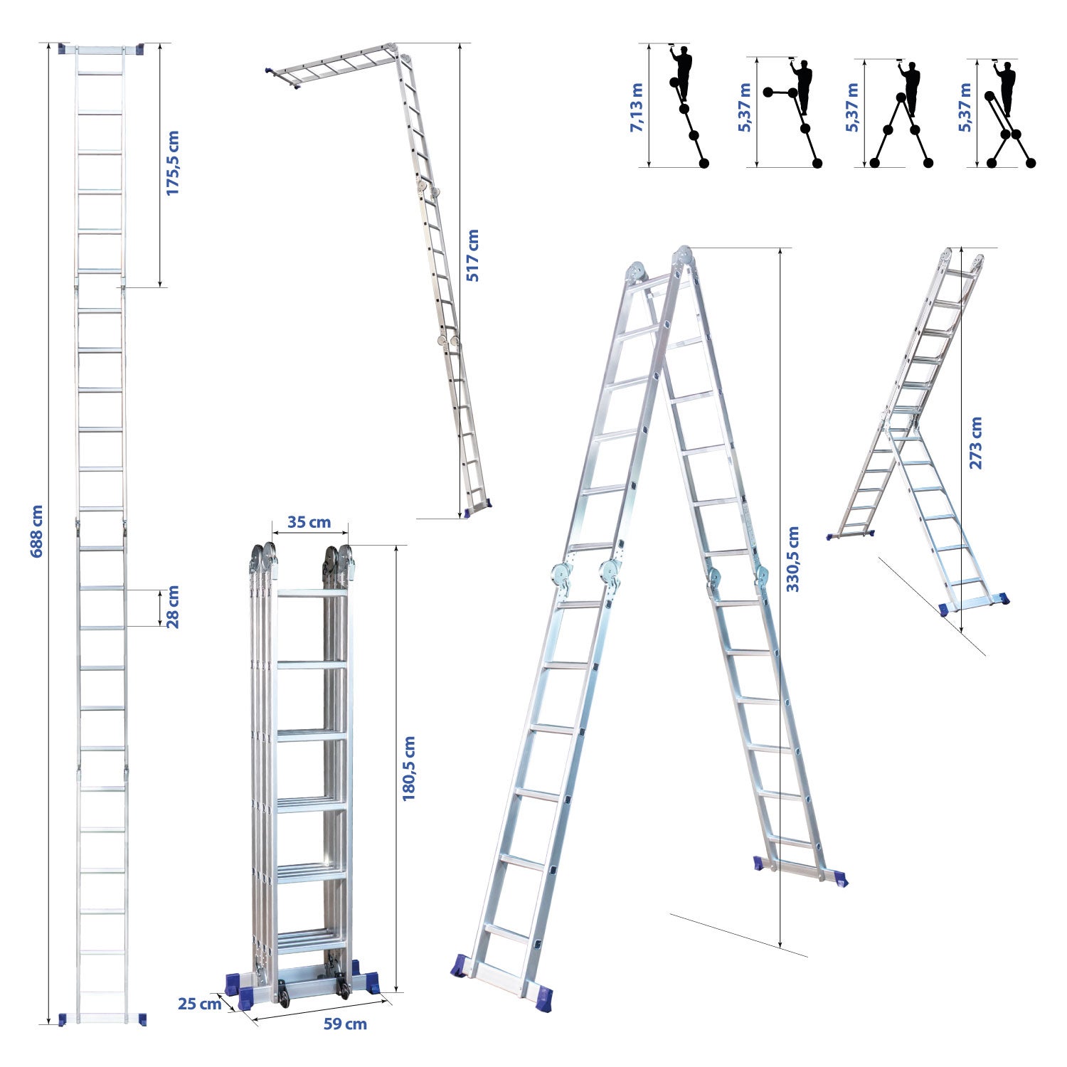 HOSTRÖM Echelle pliante articulée STAVALANCE4x6, 6,8m, 24 marches, multifonction, ecarteur de mur, escabeau, aluminium, H travail max 7,13m - 5