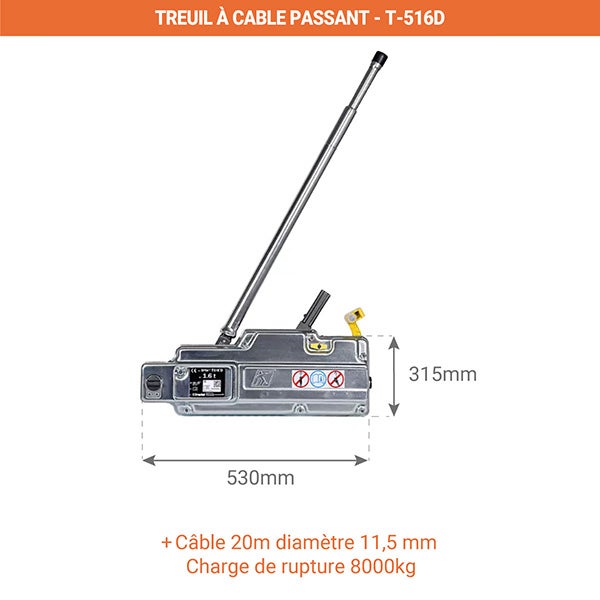Tirfor - Treuil à câble passant Cap. 1600kg + câble 20m - T-516D - 2
