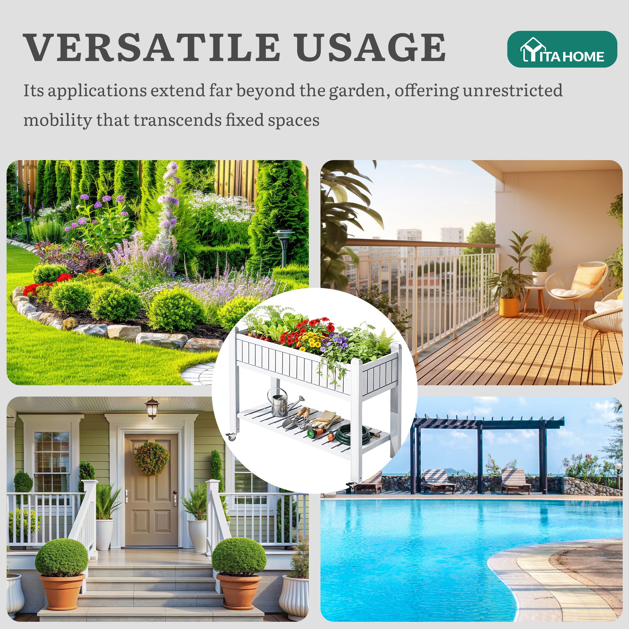 YITAHOME Jardinière en résine avec roulettes 108,5 x 44 x 89,5 cm Blanc - 8