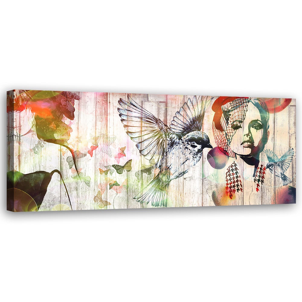 Obraz na płótnie, Kobieta ptaki i motyle 150x50