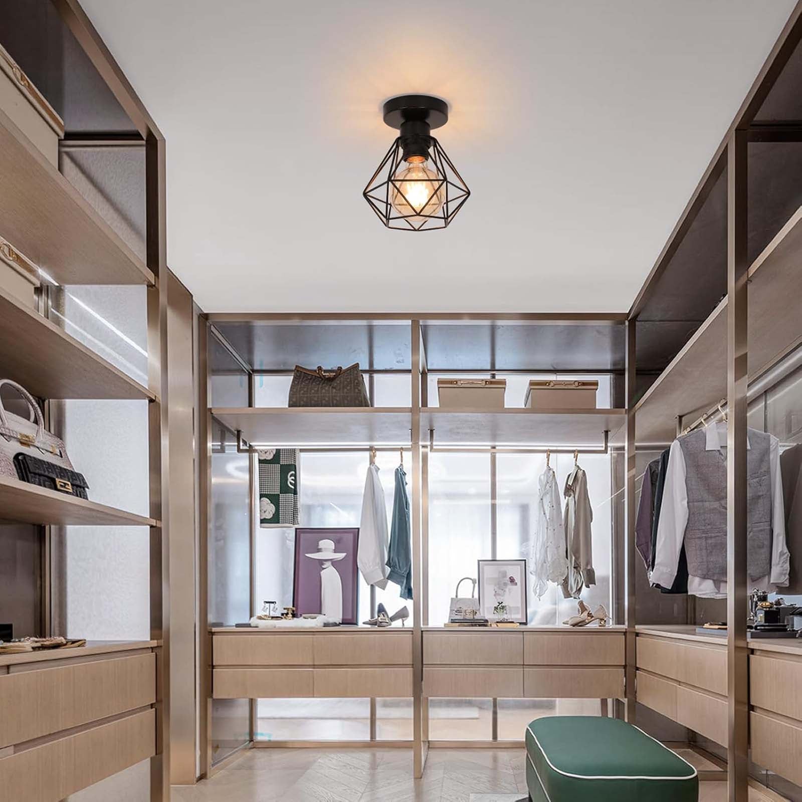 GOECO Plafonnier industriel E27 noir, luminaire plafond cage métal, lampe plafond vintage sans ampoule pour cuisine salon bar - 6
