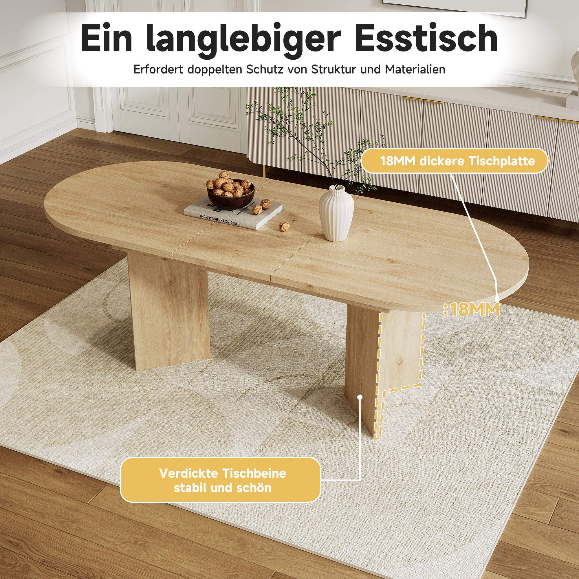 Mesa de comedor extensible de 6 a 8 cubiertos - 140/180 x 90 x 75 cm - Esquinas redondeadas y tablero grueso - MDF - Roble - 6