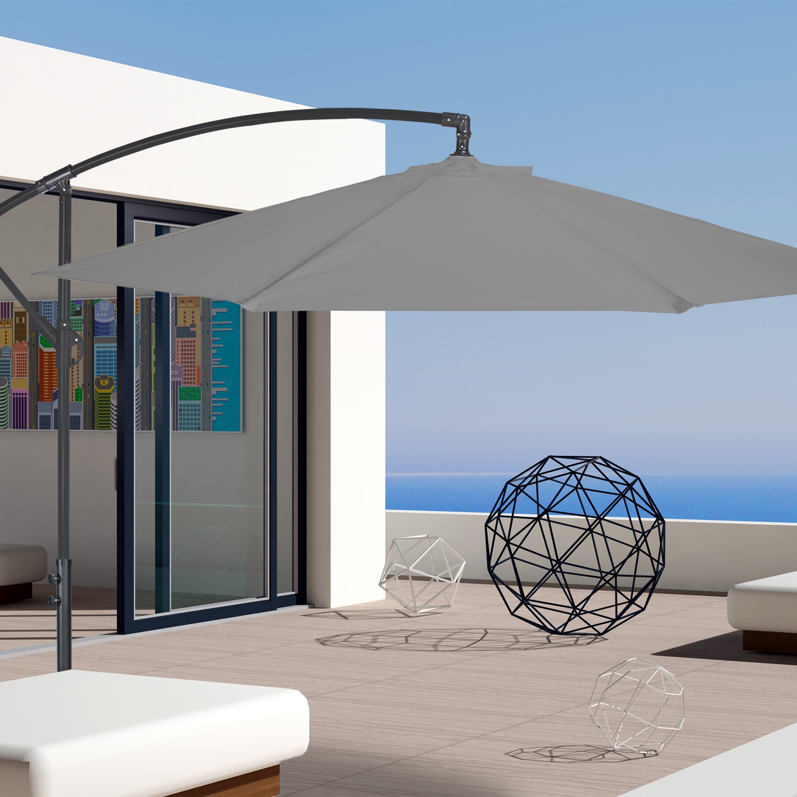 Parasol de jardin déporté, manivelle, ∅ 300 cm, housse de protection, inclinable, stable, XXL, socle, gris, Relaxdays - 5