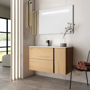 Meuble de salle de bain vasque déportée - 2 tiroirs - PRADO et miroir Led STAM - roble (chêne clair) - 100cm