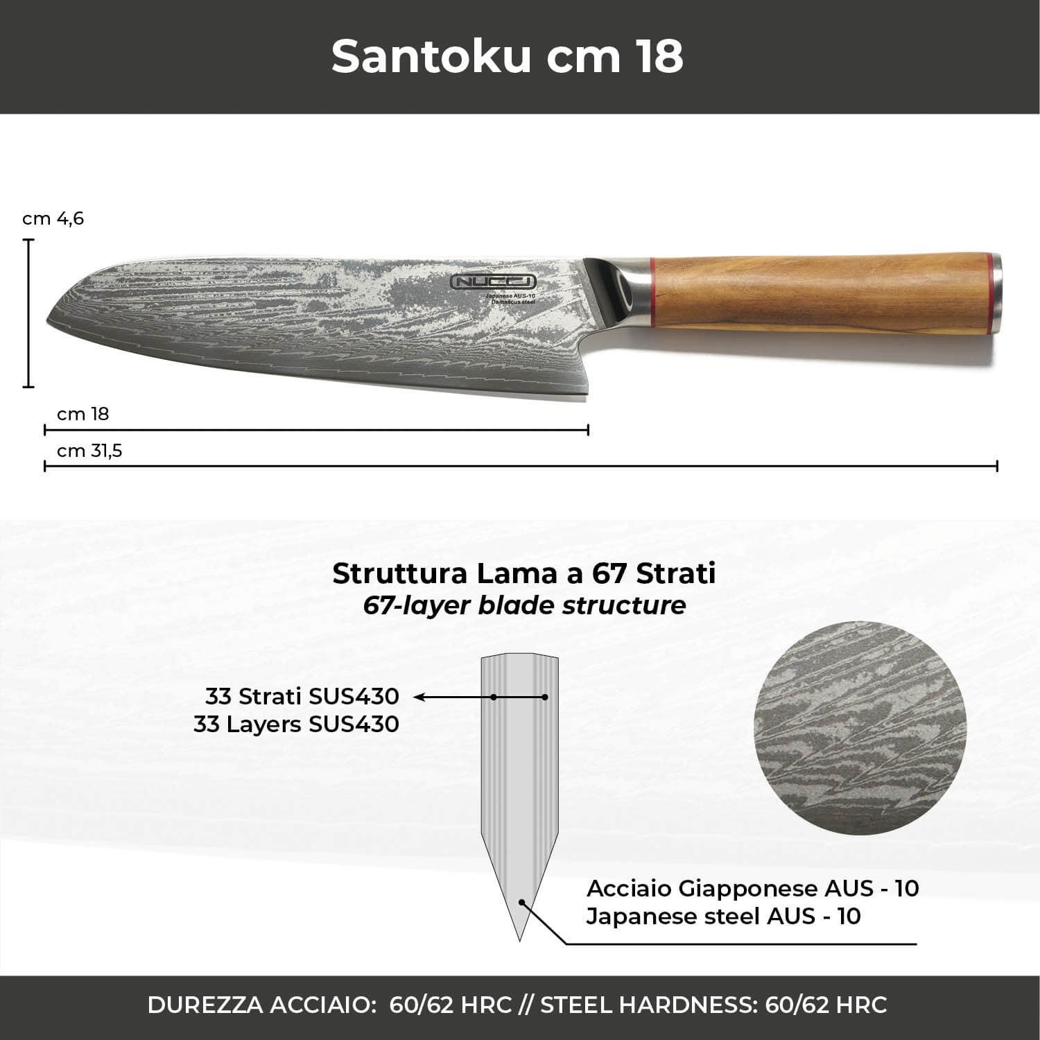 Set de 7 couteaux en acier japonais Damask AUS-10 manche olive - 4