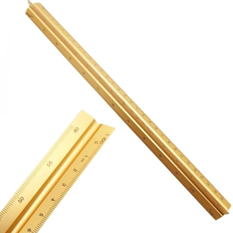 Aluminiowa trójkątna miarka budowlana - Skala metryczna 1:20, 1:25, 1:50, 1:75, 1:100, 1:125 - Długość 30,5 cm - Złota