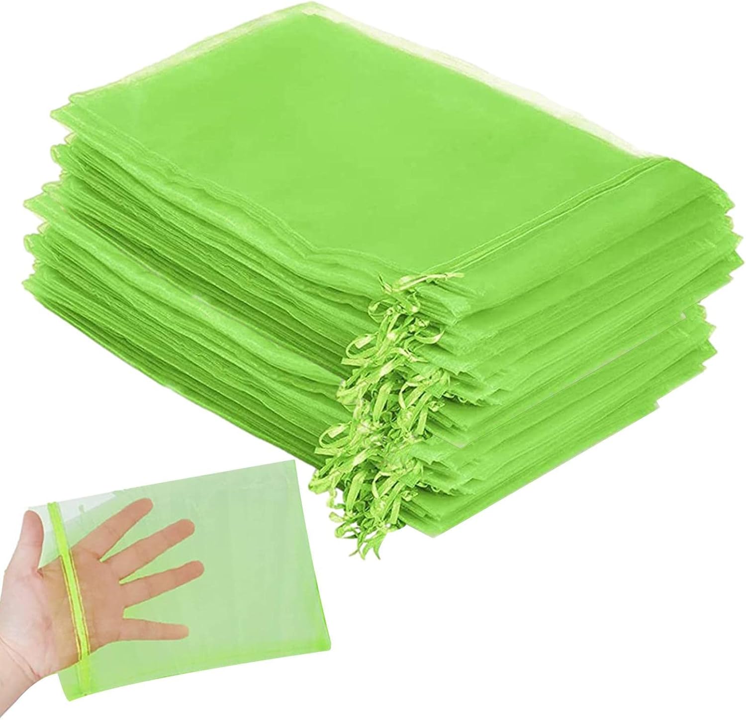 100 szt. siatek na owoce w kolorze fluorescencyjnym zielonym (10*15 cm), siatka na owoce do ochrony owoców, wielokrotnego użytku woreczki z organzy na