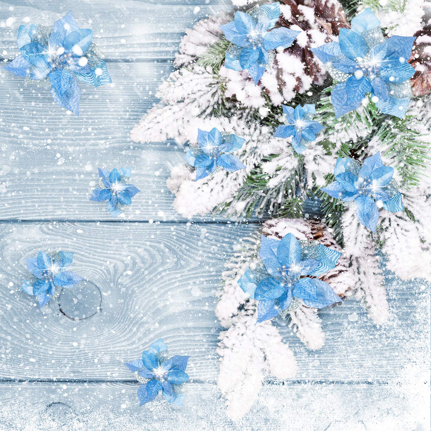 Lot de 50 décorations de Noël, fleurs artificielles scintillantes avec clips, décorations pour sapin de Noël, pendentifs de fleurs artificielles - 3