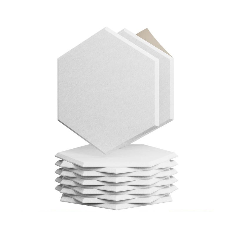 12 szt. samoprzylepnych dekoracyjnych paneli dźwiękochłonnych, sześciokątne panele akustyczne z włókna poliestrowego 26 x 30 x 15 x 0,9 cm, białe