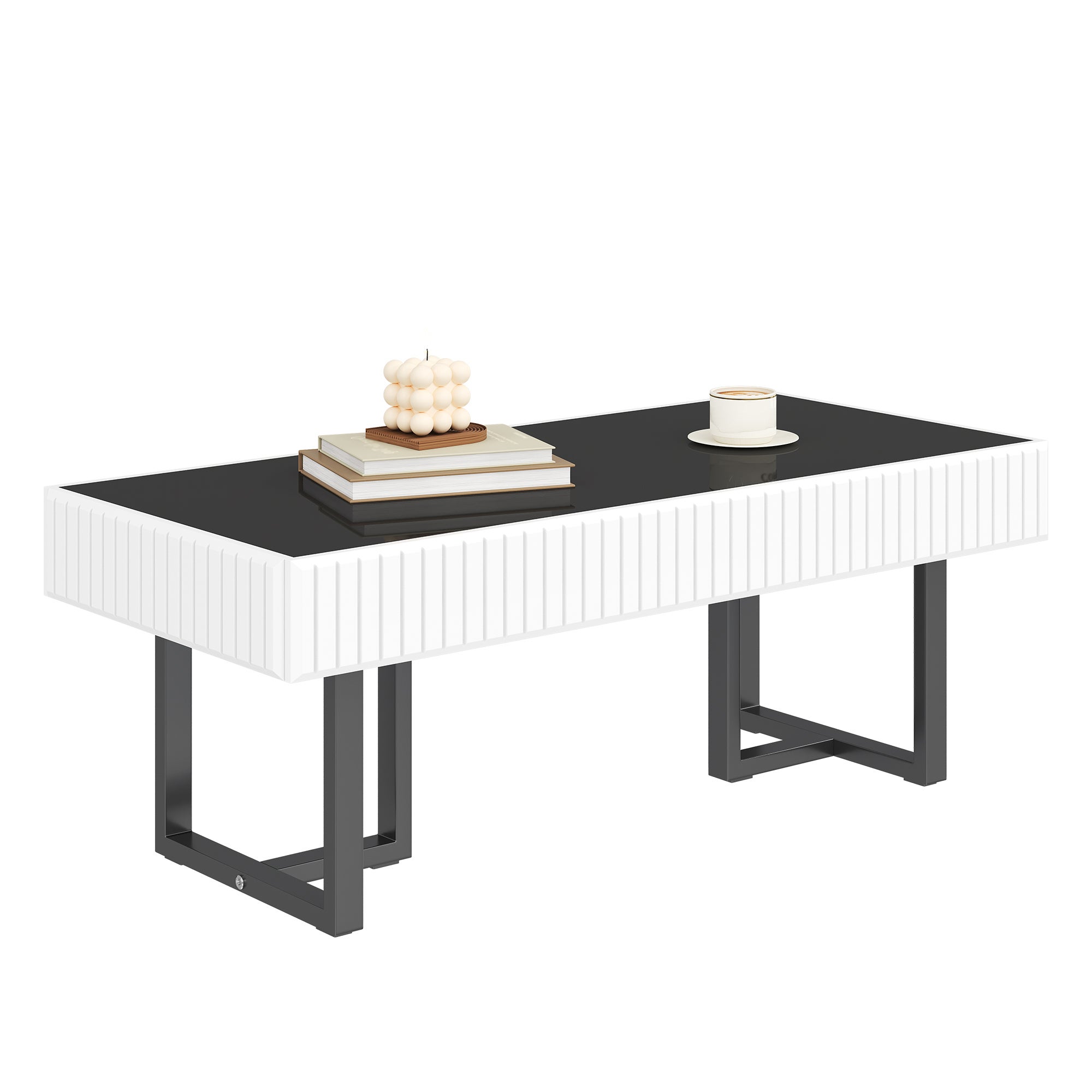 Stolik kawowy prostokątny - 110 x 50,5 x 41 cm - Płyta wiórowa, MDF i metalowe nogi - Biały + Blat w kolorze czarnym błyszczącym - 2
