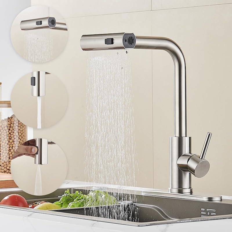 Mitigeur de Cuisine Élégant à Douchette Extractible 360° et 3 Modes - Poignée Unique Finition Argent Brossé pour Évier Moderne - 6