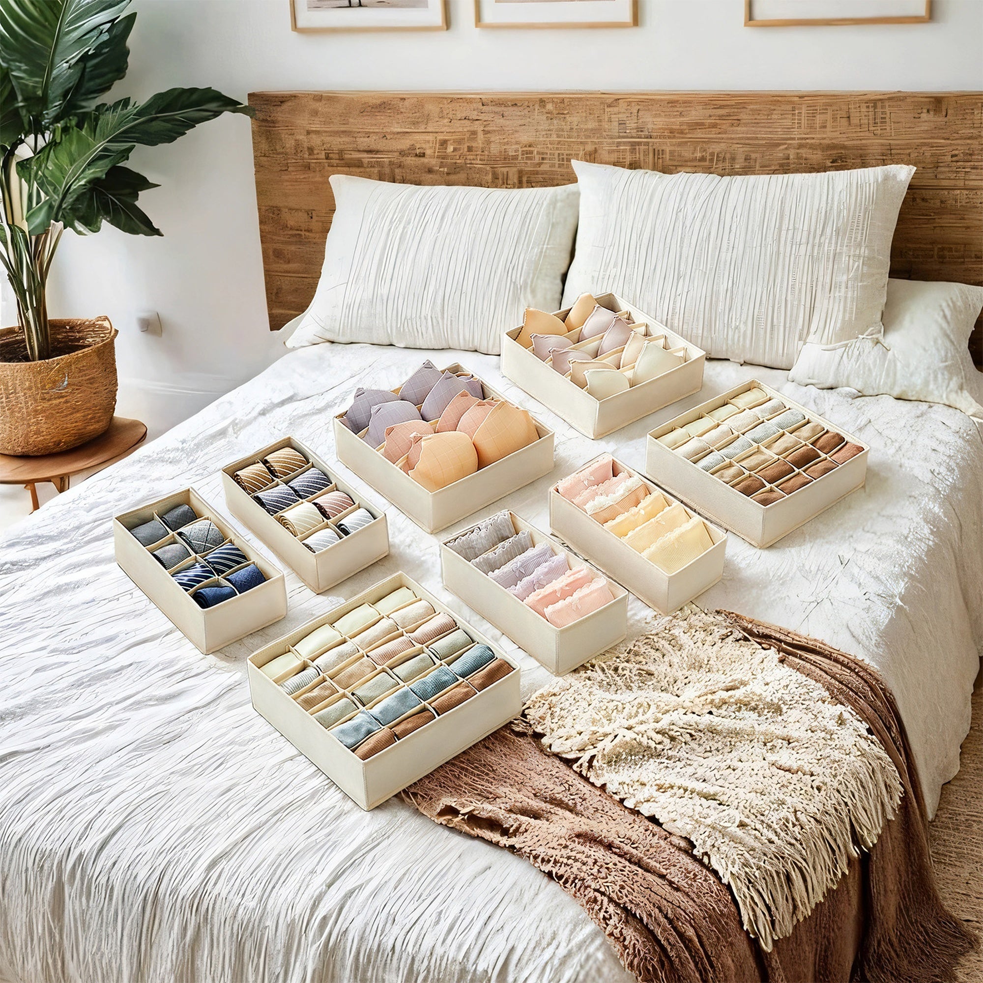 Lot de 8 Séparateurs de Tiroirs, Organiseur de Sous-vêtements Pliables,Boîtes de Rangement en Tissu pour Armoires, Beige - 2