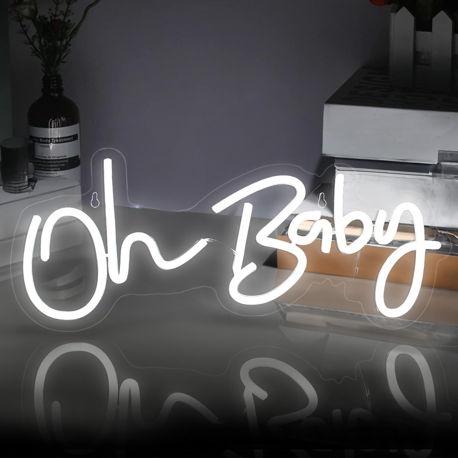 Insegna LED Neon "Oh Baby" Con Telecomando - Luce A Muro In Acrilico 55x28 Cm - Decorazione Per Baby Shower, Camera Dei Bambini, Feste, Regalo Per Ragazze - Luce Bianca, Alimentazione USB - 6