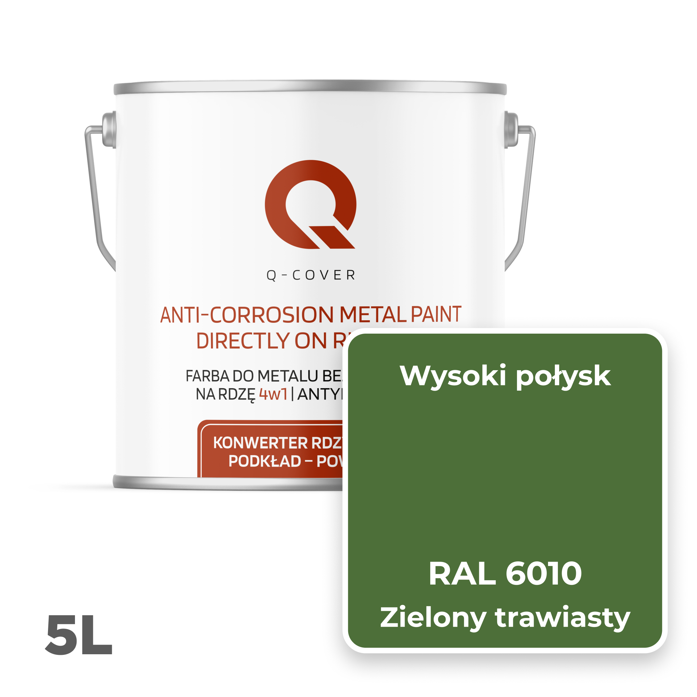 Farba do Metalu Prosto na Rdzę 4w1 Q-Cover Zielony trawiasty RAL6010 Wysoki Połysk 5L - 2