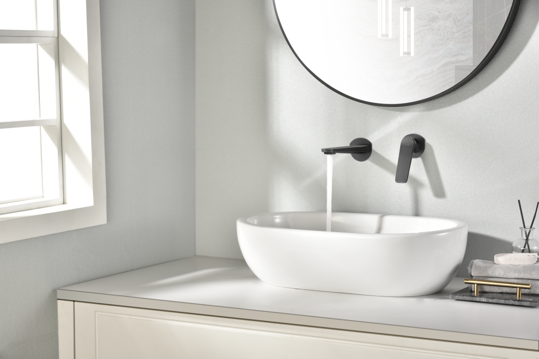 Imex - grifo lavabo negro empotrado | grifo empotrado baño con agua fría y caliente | grifo monomando lavabo pared con ahorro de agua | serie nápoles