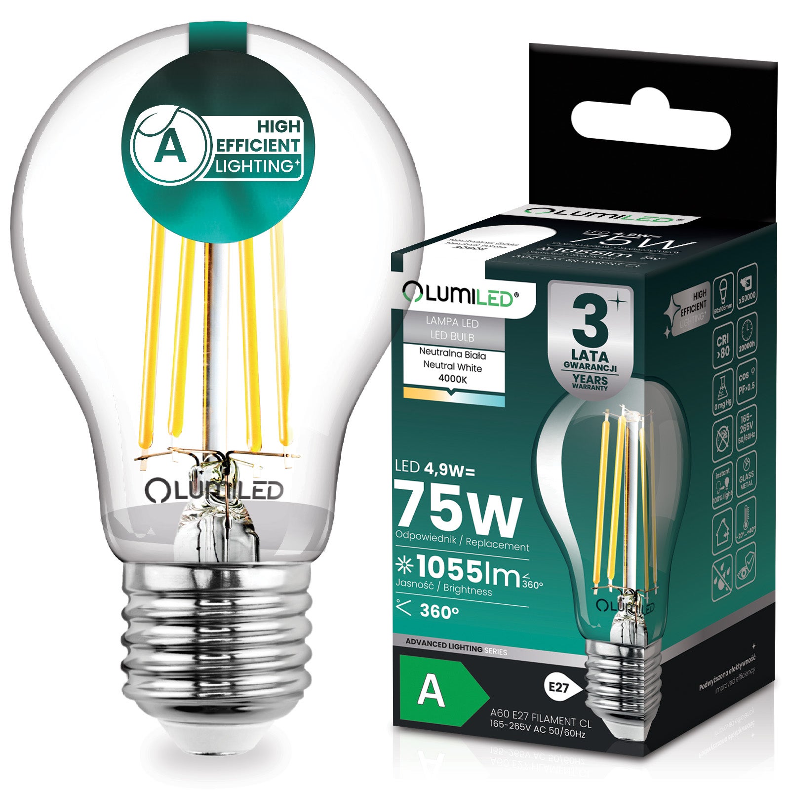 Żarówka LED Lumiled E27 A60 4.9W 1055lm 4000K Neutralna biel 360st Filament Klasa A 1 szt.